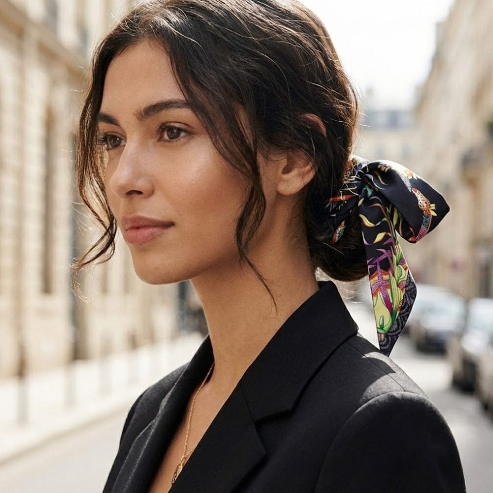 Foulard en satin noué, noir avec motifs colorés, porté en bandeau sur une femme en extérieur