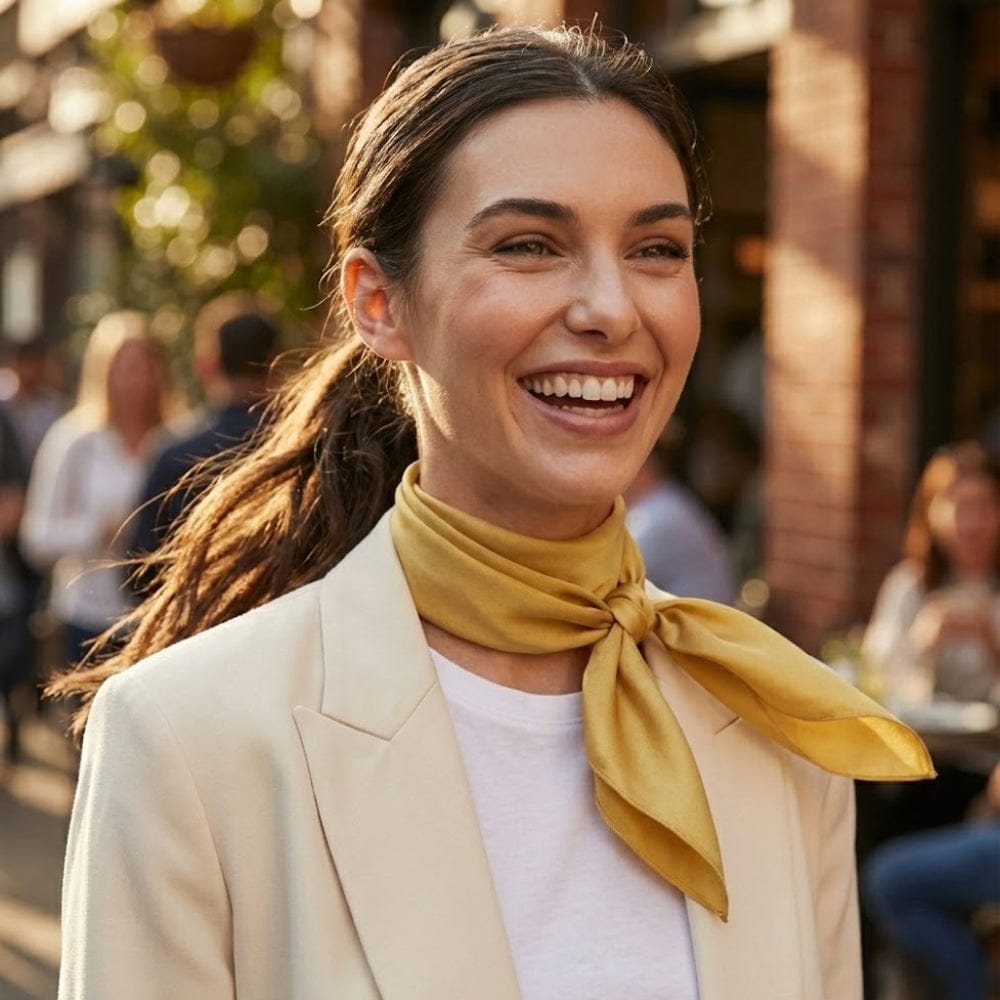 Foulard en soie jaune moutarde noué autour du cou d'une femme souriante, portant un blazer clair en extérieur