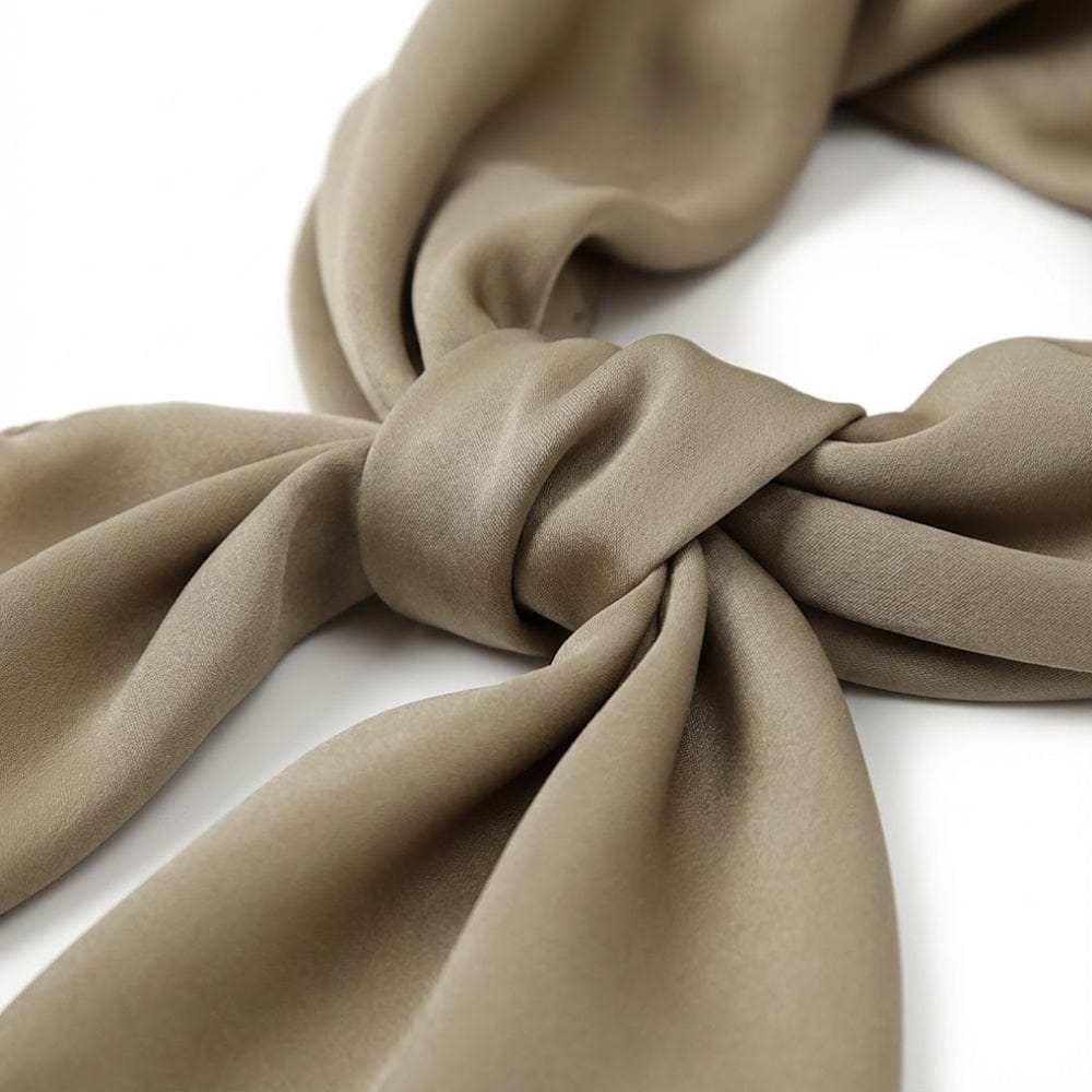 Foulard en satin doux de couleur beige noué, mettant en valeur sa texture lisse et élégante