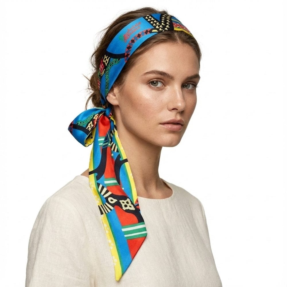 Foulard en soie aux motifs colorés, noué en bandeau sur une femme au style élégant