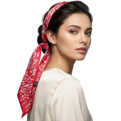 Foulard en satin rouge à motifs floraux, noué en bandeau sur les cheveux d'une femme élégante