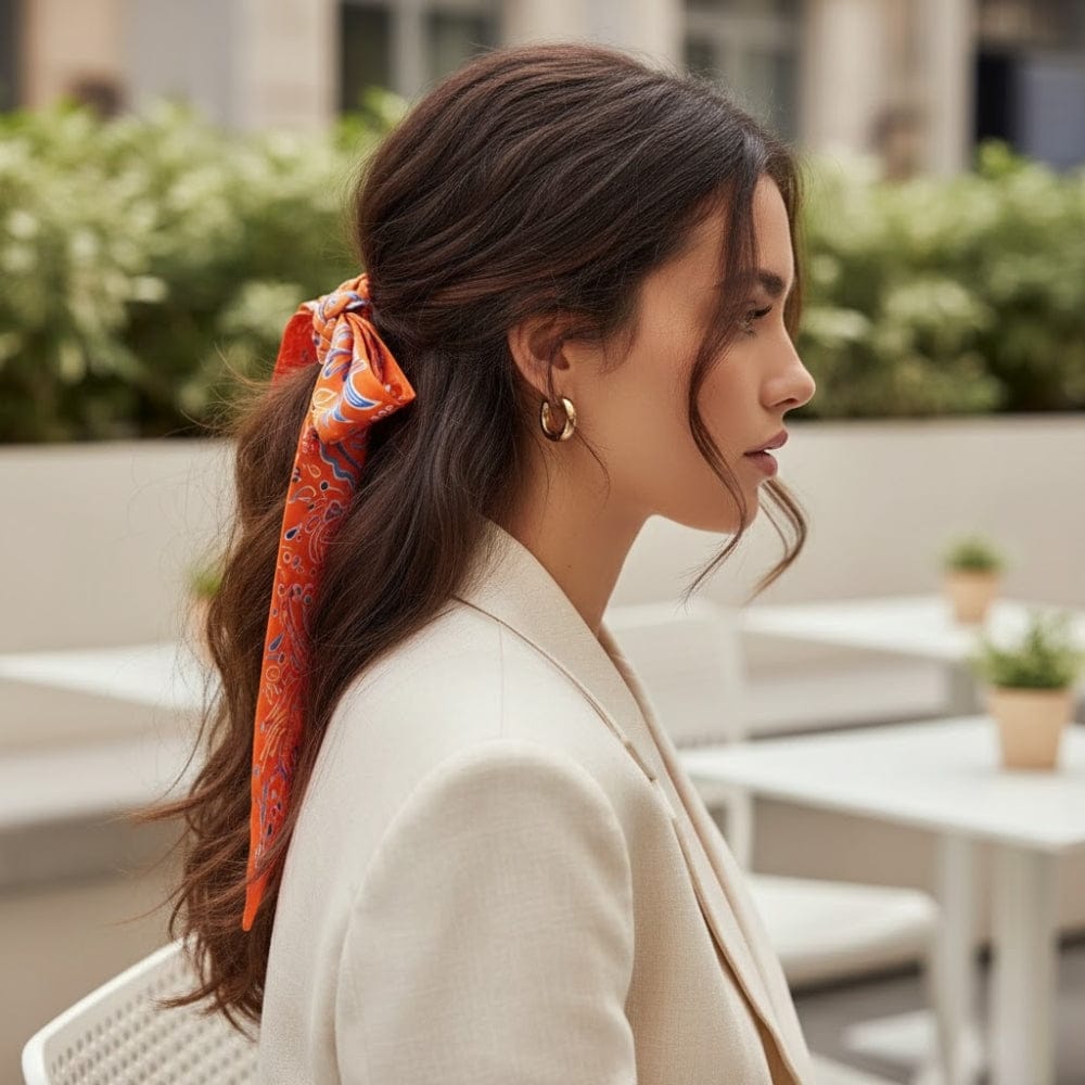 Foulard noué en satin orange avec motifs colorés, porté en bandeau sur cheveux bruns, dans un décor moderne