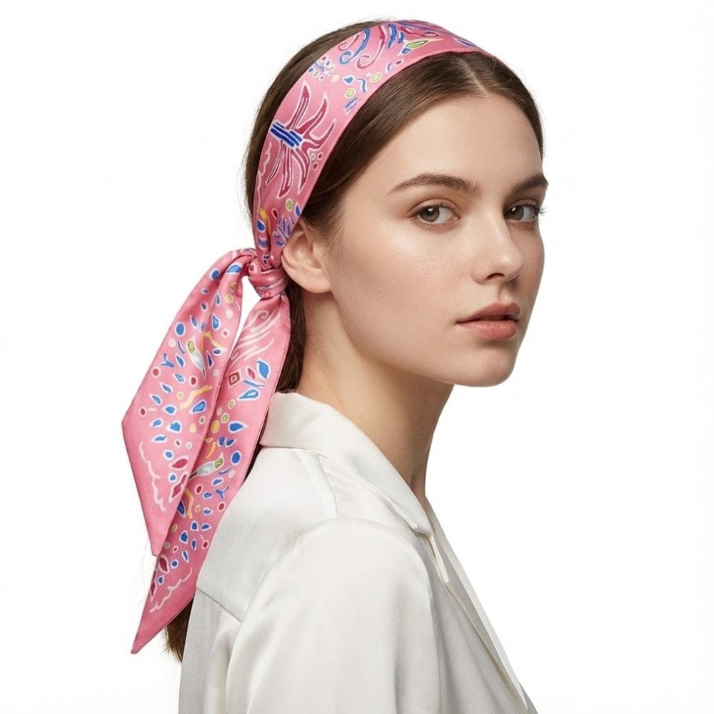 Bandeau foulard en satin rose à motifs floraux, noué élégamment sur une femme avec une chemise blanche