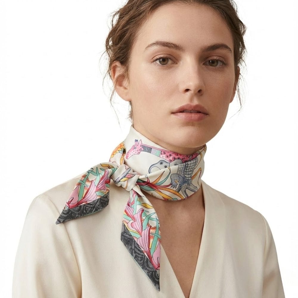 Foulard en soie noué autour du cou, motifs colorés de fleurs et d'animaux, porté par une femme