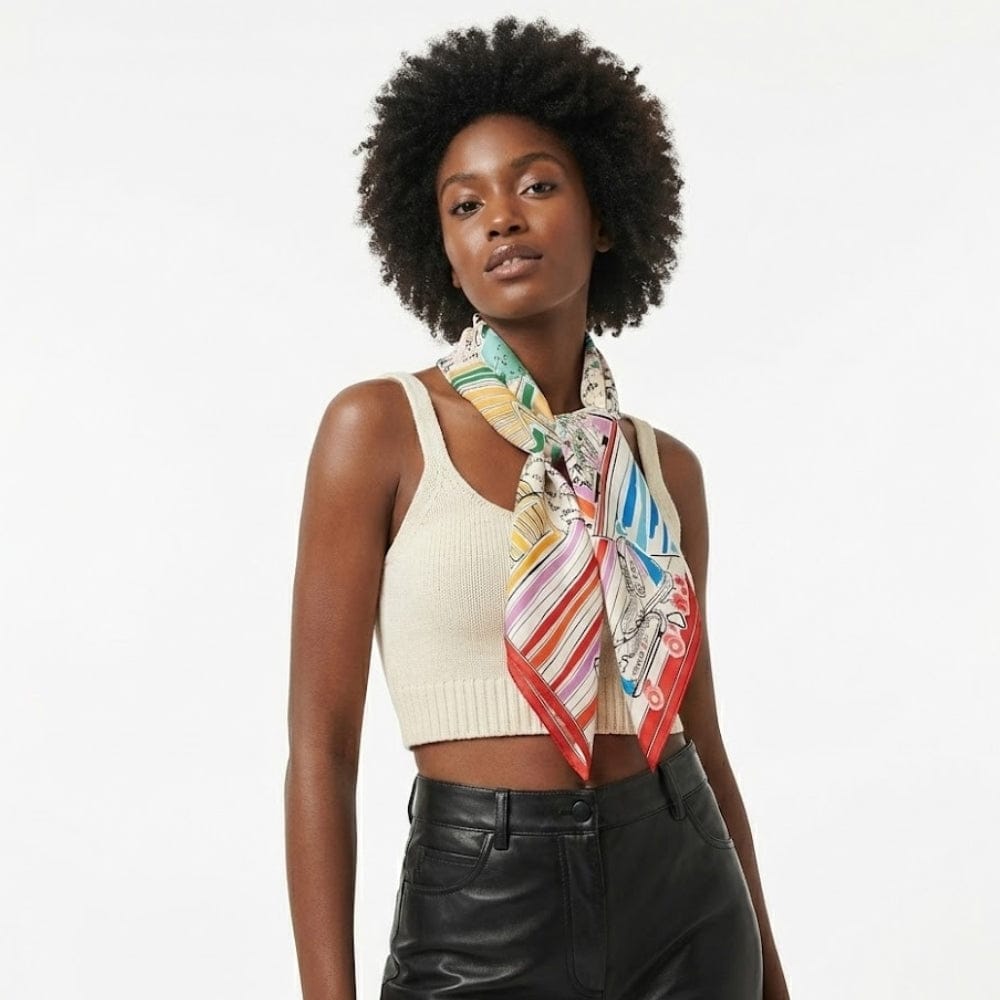 Foulard carré en soie aux motifs colorés, noué autour du cou d'une femme, sur fond blanc
