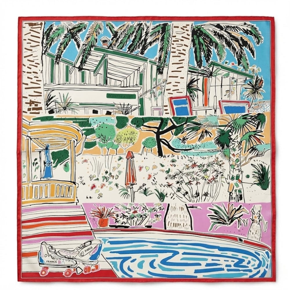 Foulard carré femme en soie aux motifs colorés représentant une scène de jardin avec piscine et palmiers