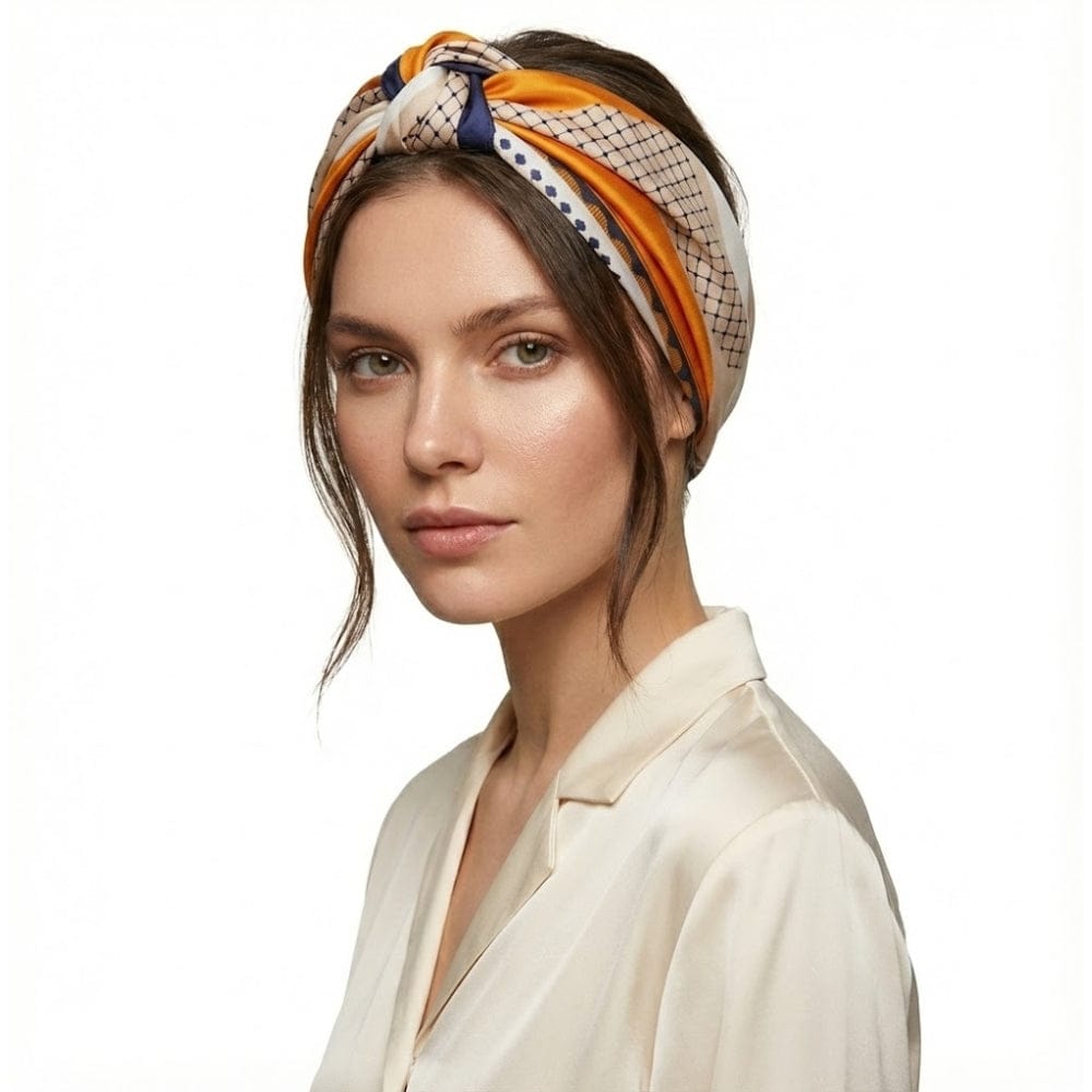 Foulard noué en satin aux motifs géométriques orange et bleu porté par une femme avec une chemise satinée