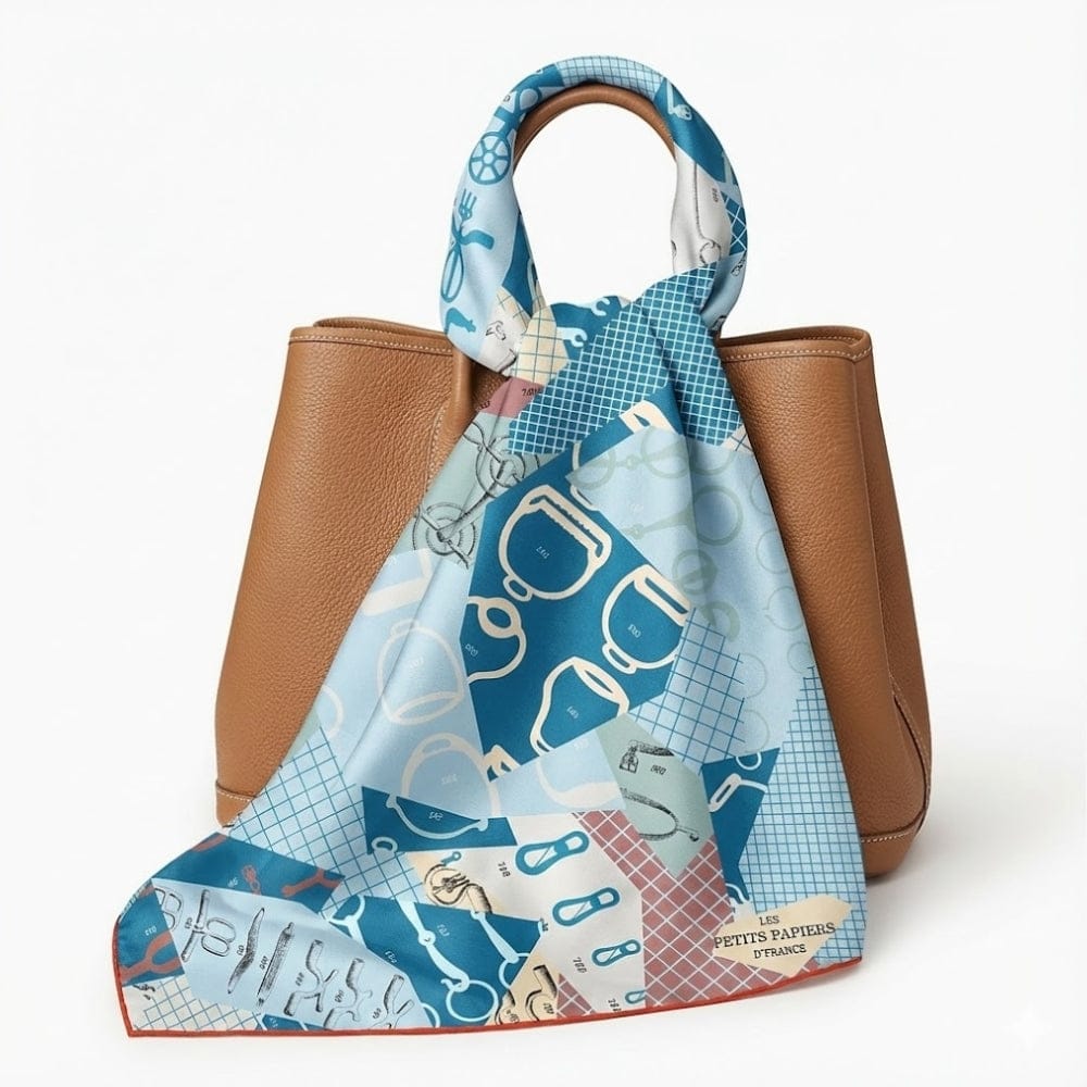Foulard carré en satin bleu avec motifs géométriques noué sur un sac en cuir marron