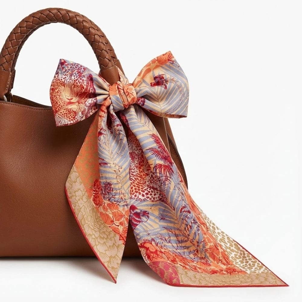 Foulard en satin aux motifs floraux colorés, noué en forme de nœud sur un sac en cuir marron