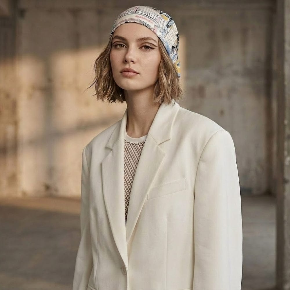 Foulard en soie à motifs colorés porté sur la tête d'une femme dans un décor industriel