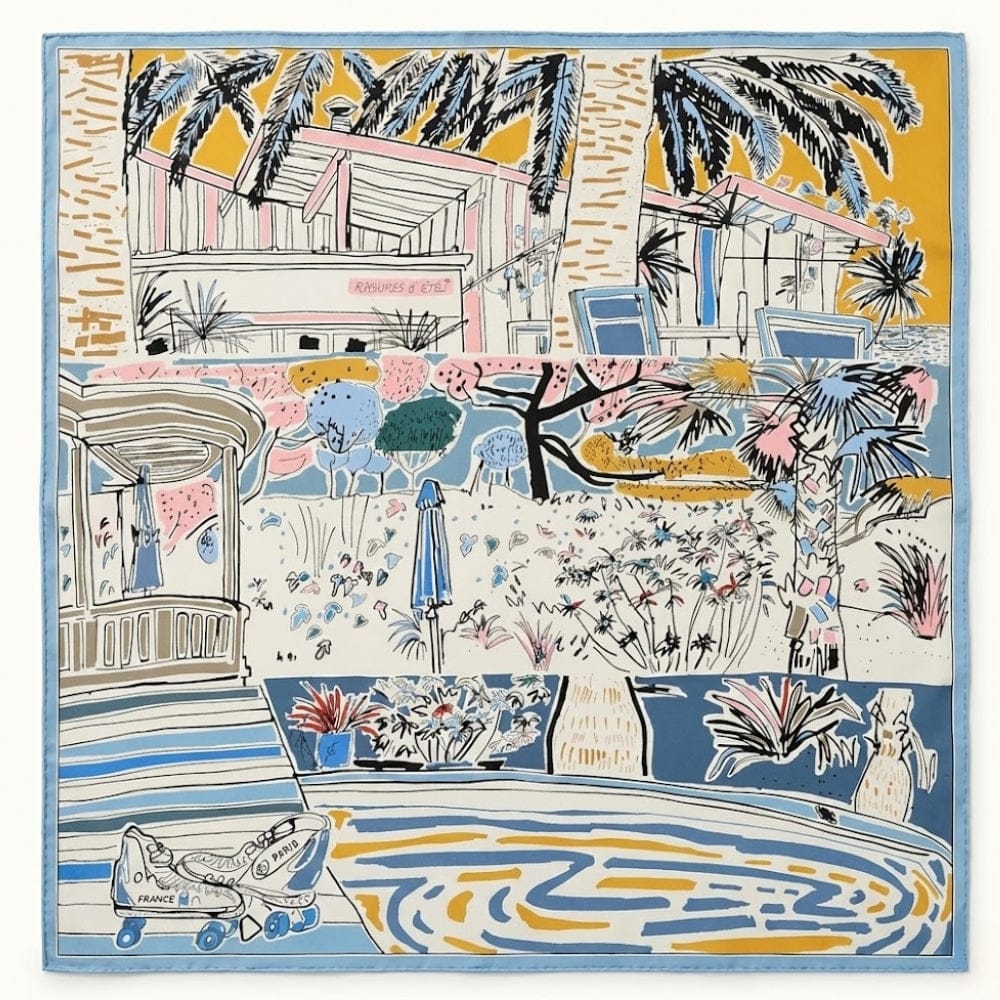Foulard carré en soie aux motifs colorés représentant un paysage estival avec des palmiers et une piscine
