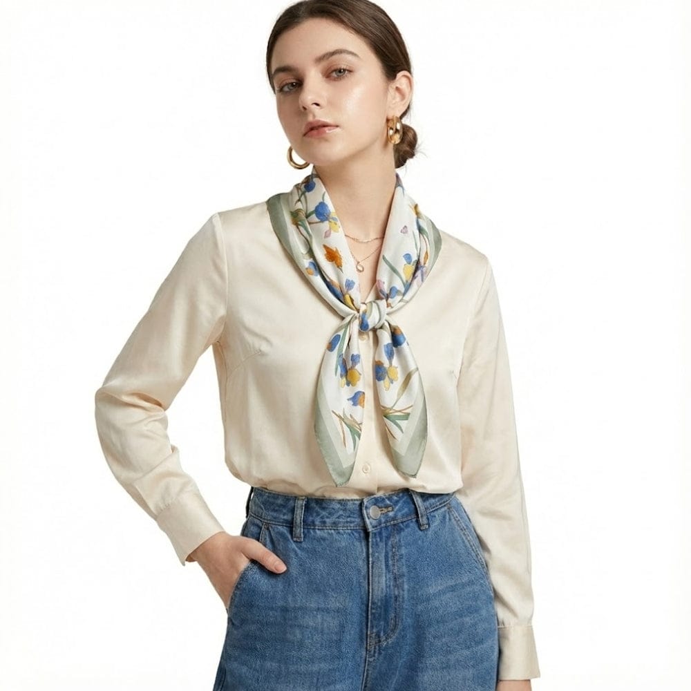 Foulard en soie noué autour du cou, avec des motifs floraux bleus et jaunes sur fond blanc, porté par un