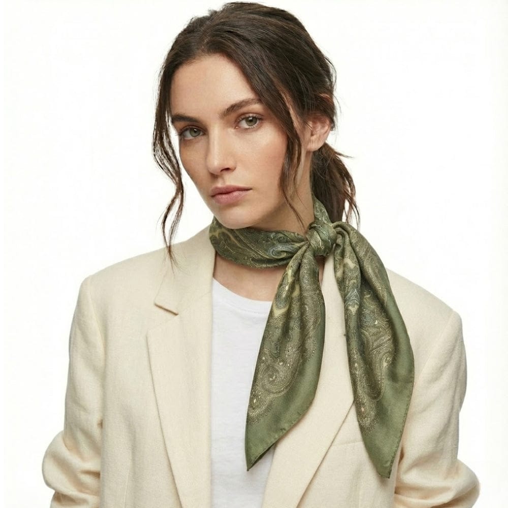 Foulard en satin vert avec motifs paisley noué autour du cou d'une femme portant un blazer beige