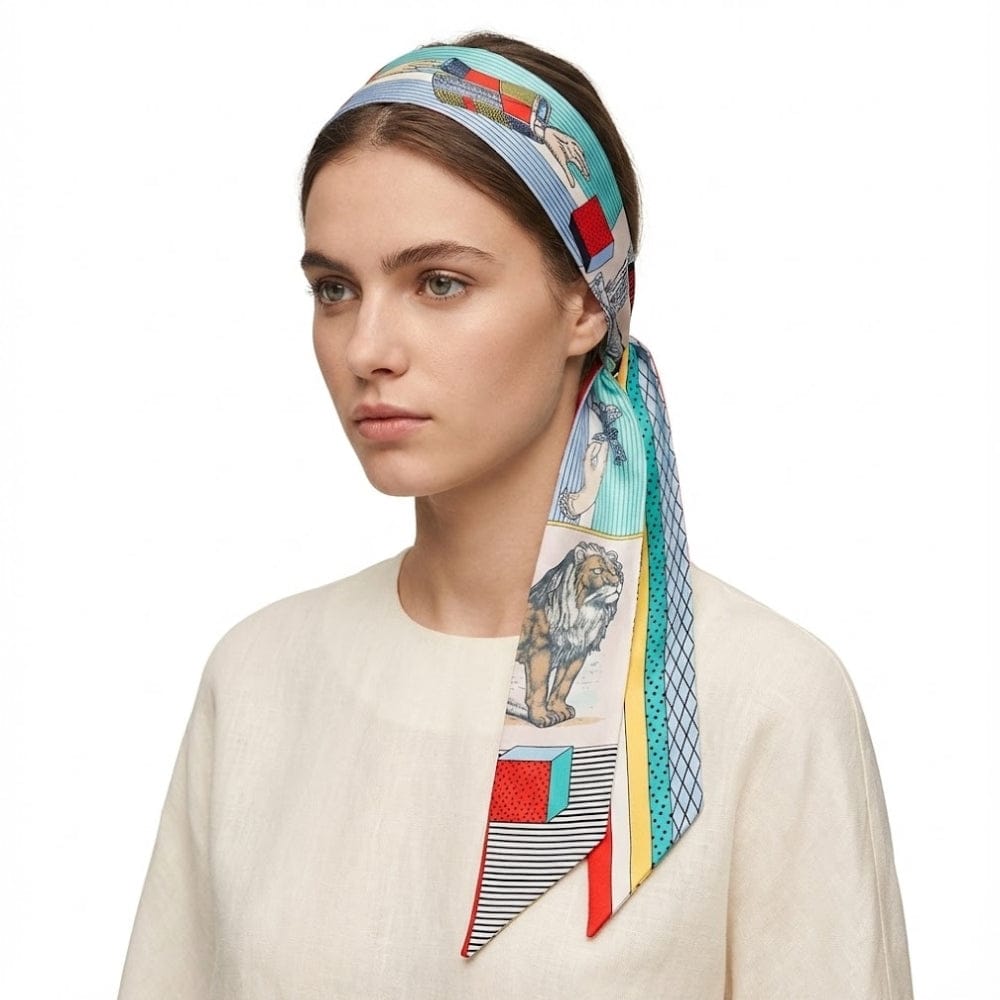 Foulard en soie aux motifs colorés, porté en bandeau sur une femme, ajoutant une touche élégante à sa coiffure