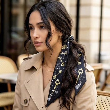 Foulard en satin noir avec motifs dorés, noué élégamment dans les cheveux d'une femme au style raffiné