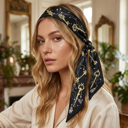 Foulard bandeau noir en soie avec motifs dorés de clés, porté par une femme dans un décor élégant