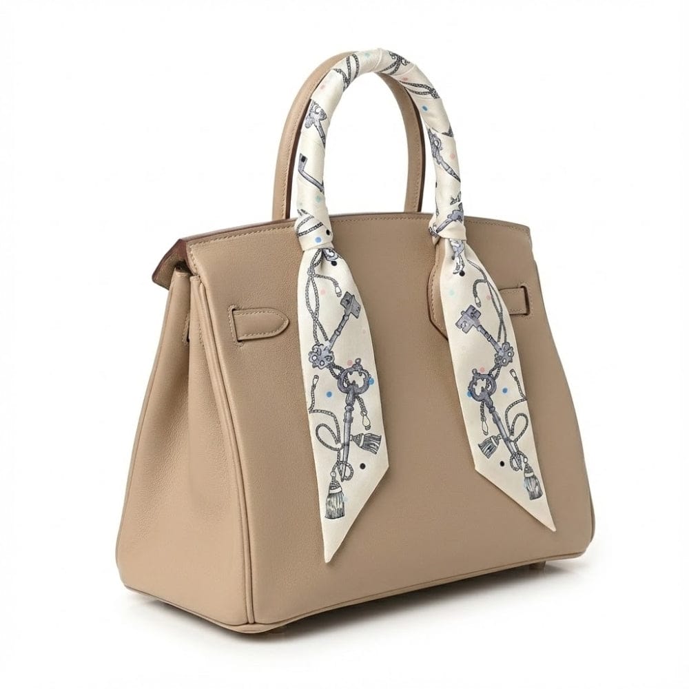 Foulard en soie blanc avec motifs de clés, noué élégamment sur un sac à main beige
