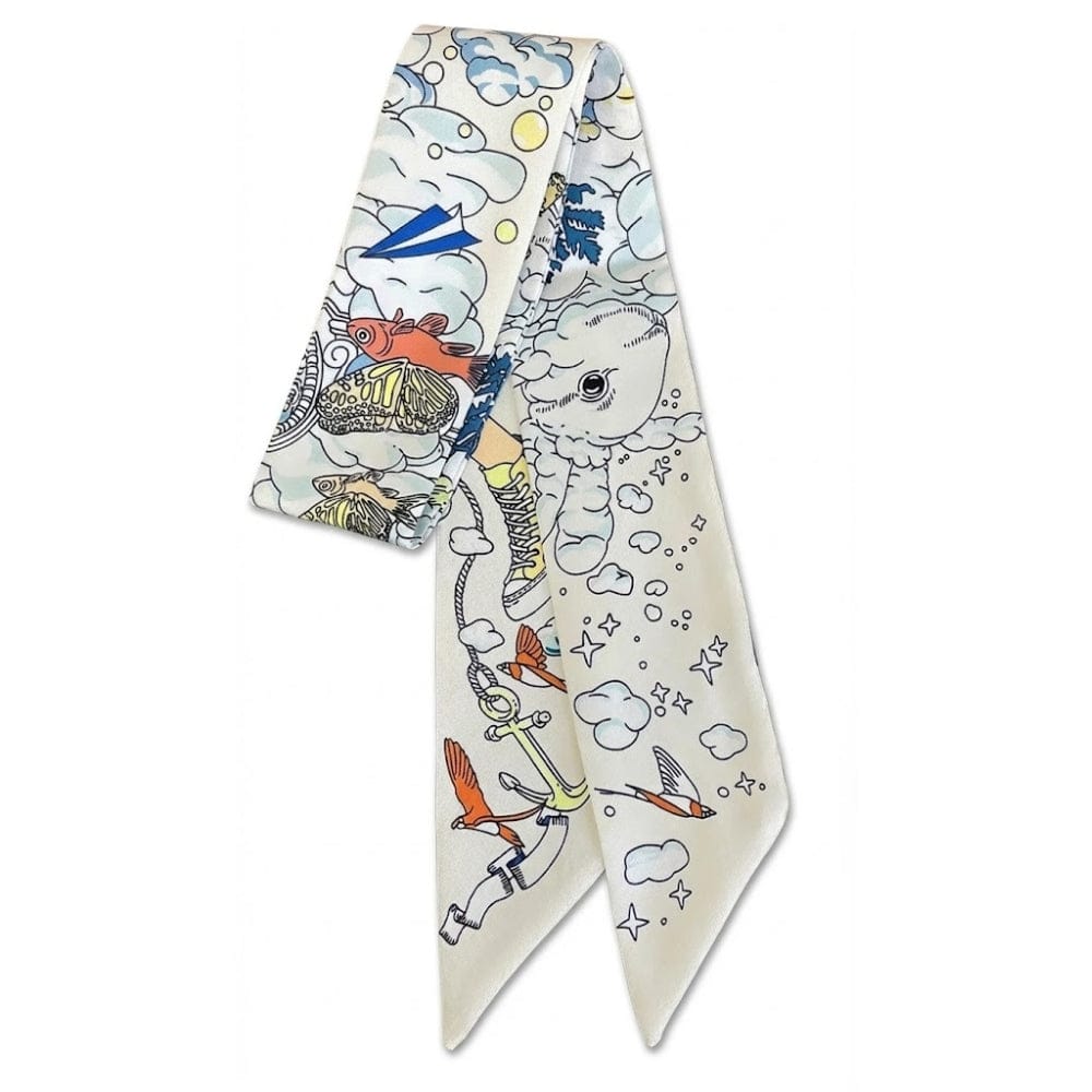 Foulard en satin aux motifs colorés de nuages et d'oiseaux, idéal pour accessoiriser vos coiffures