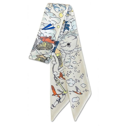 Foulard en satin aux motifs colorés de nuages et d'oiseaux, idéal pour accessoiriser vos coiffures