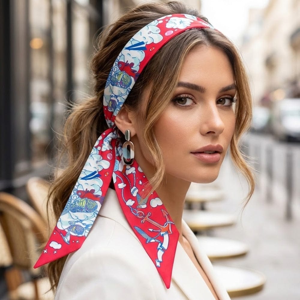 Foulard bandeau rouge à motifs colorés, noué dans les cheveux d'une femme, en extérieur avec des tables de café en
