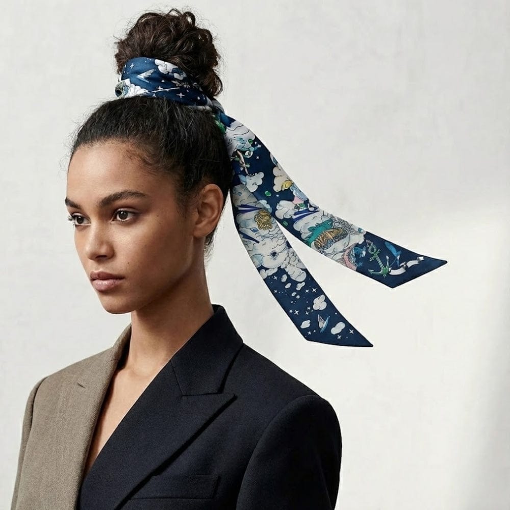 Foulard en satin bleu marine avec motifs colorés, noué en bandeau sur un chignon, porté par une femme
