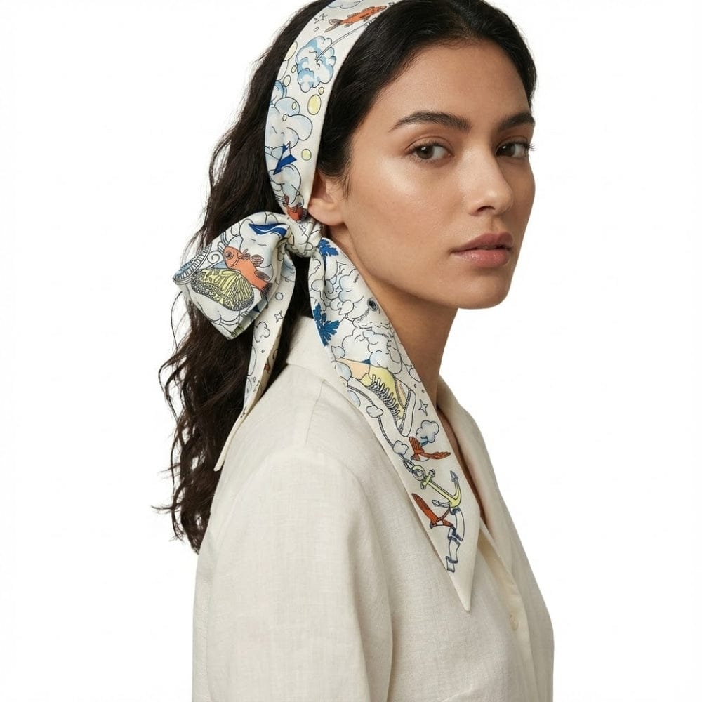 Foulard en soie aux motifs colorés, noué en bandeau sur les cheveux d'une femme, fond blanc