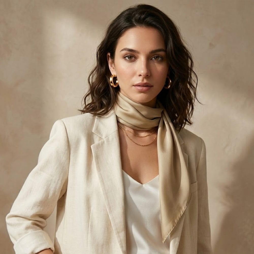 Foulard en satin beige noué autour du cou d'une femme, porté avec un blazer clair et un fond neutre