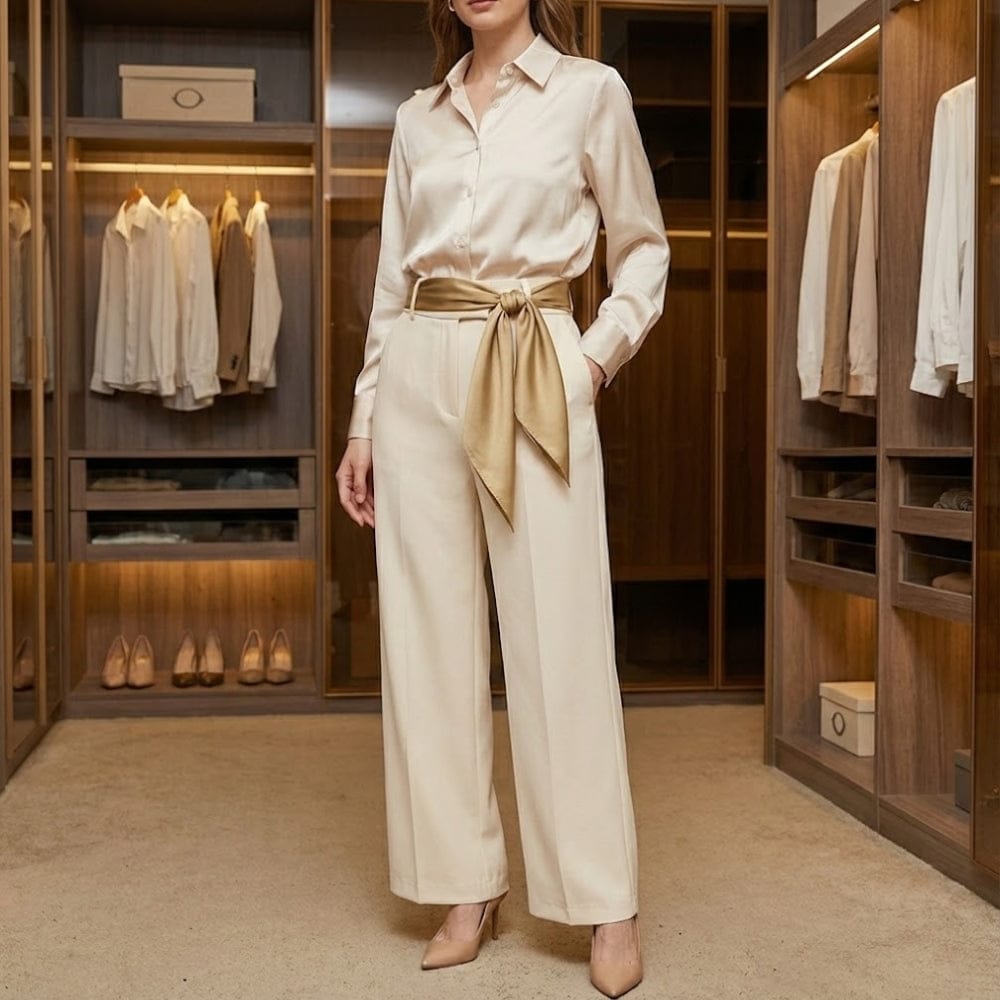 Foulard en satin beige noué à la taille d'une femme dans un dressing élégant, ajoutant une touche sophistiquée