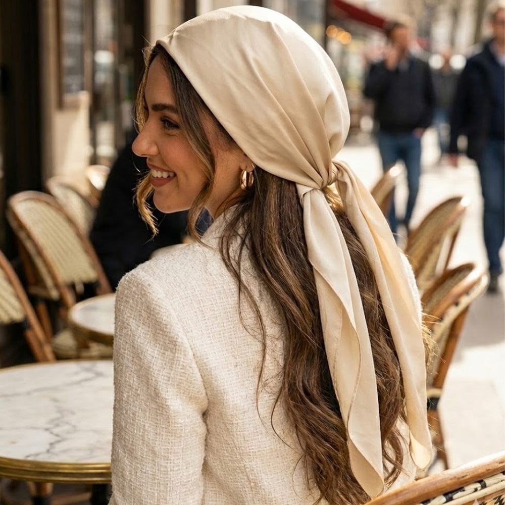 Foulard en satin beige noué sur la tête d'une femme souriante, assise à une terrasse de café chic