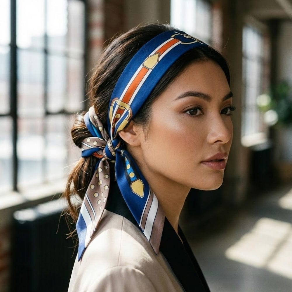 Foulard en satin bleu avec motifs géométriques, noué sur la tête d'une femme dans un intérieur lumineux