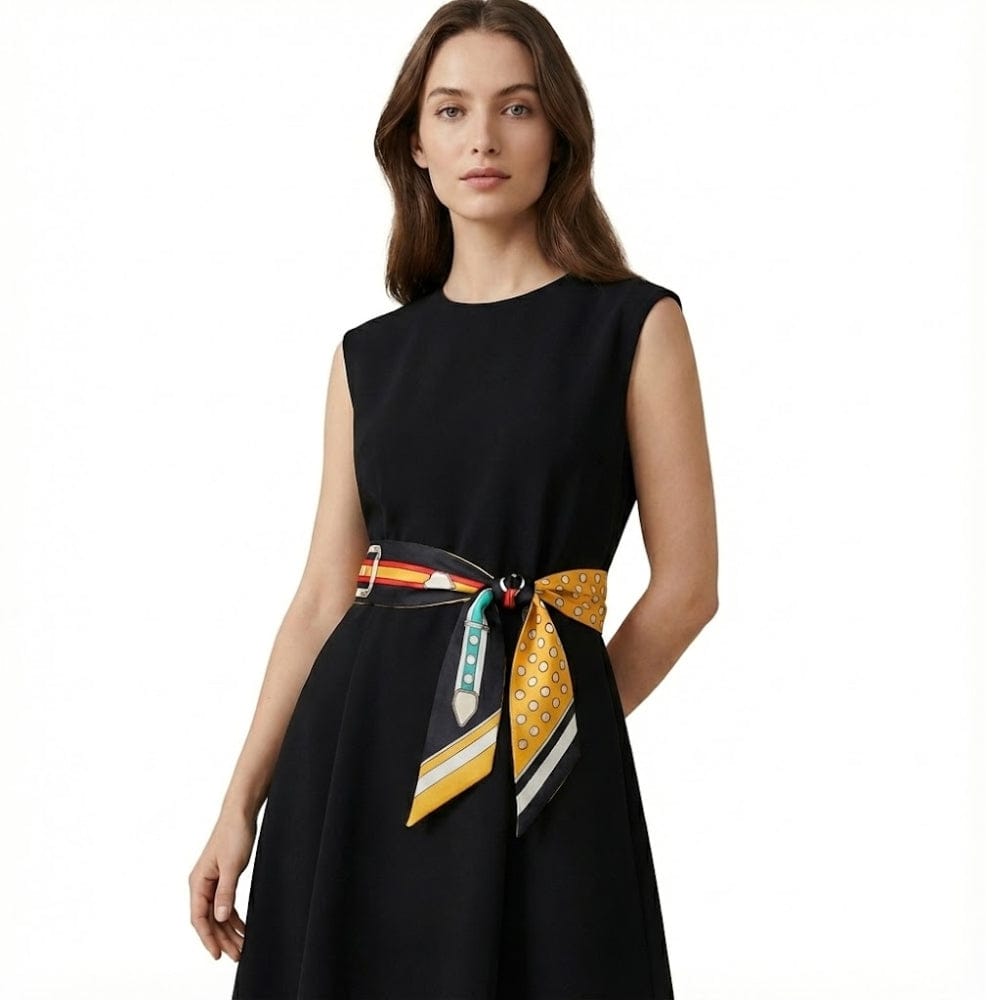 Foulard noué en satin coloré, porté en ceinture sur une robe noire élégante, ajoutant une touche chic
