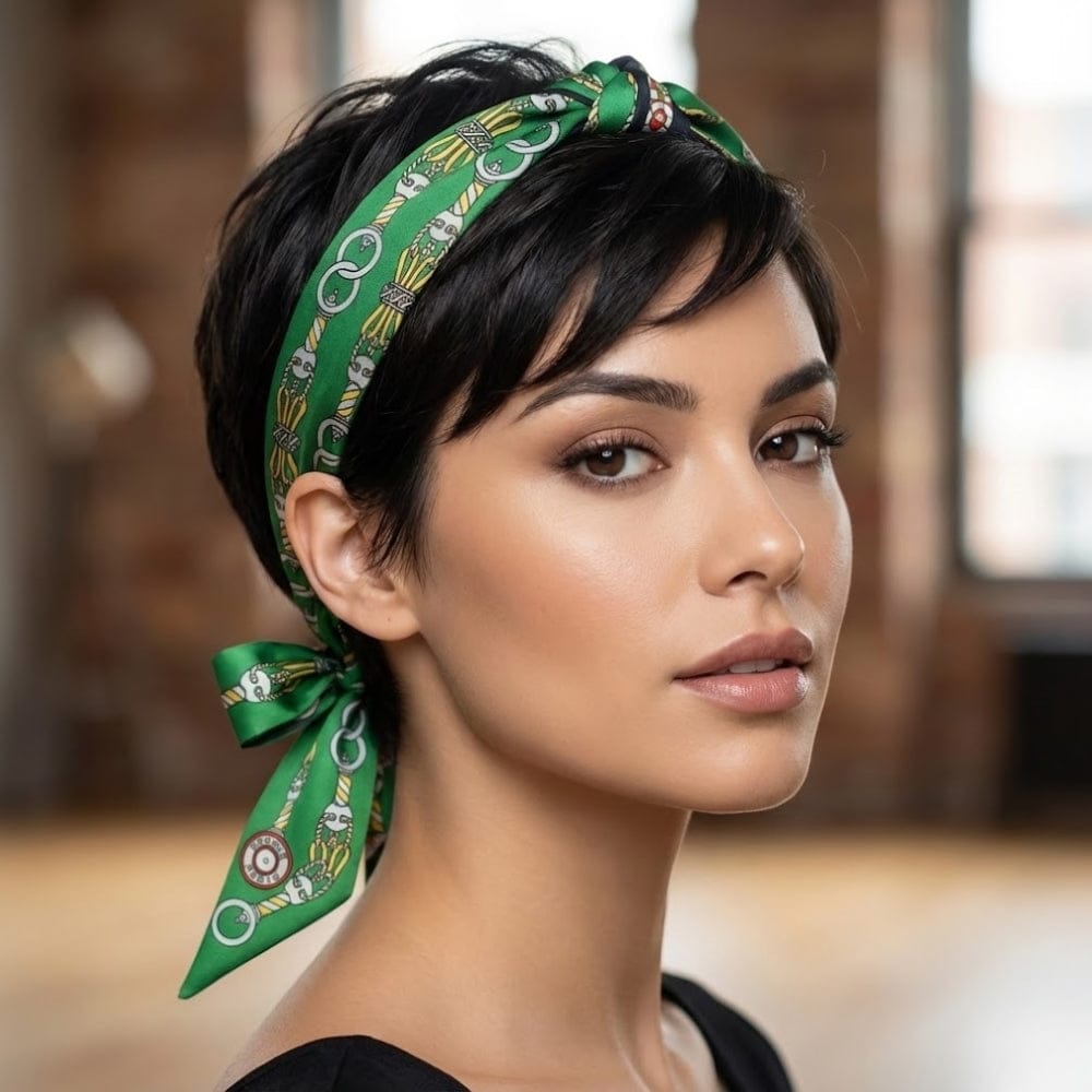 Foulard en satin vert à motifs élégants noué sur des cheveux courts, porté par une femme dans un intérieur moderne