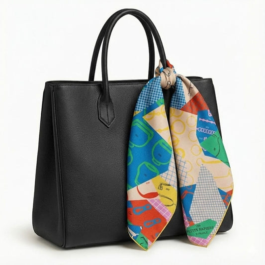 Foulard coloré en satin noué sur un sac noir, avec des motifs géométriques et une palette éclatante