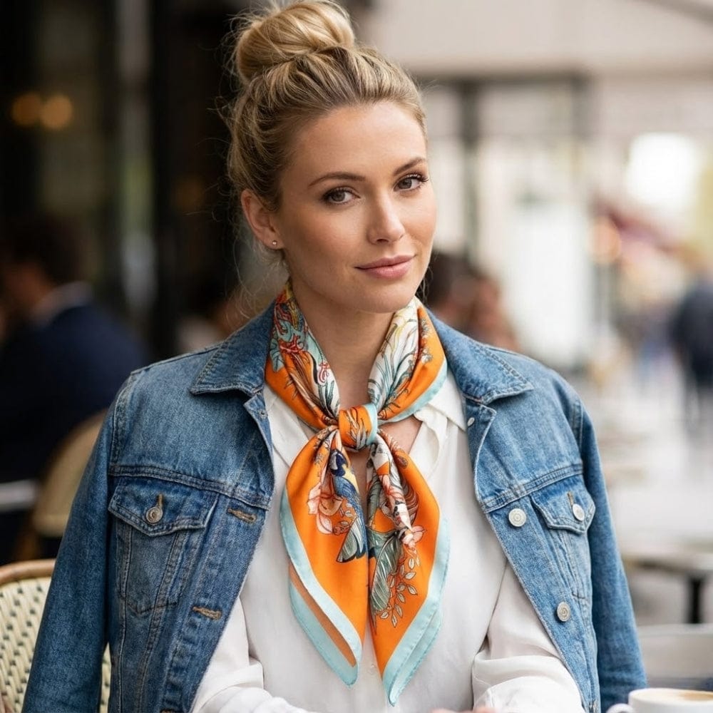 Foulard en soie orange à motifs floraux noué autour du cou d'une femme, porté avec une veste en jean
