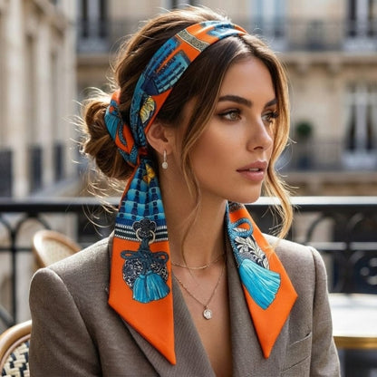 Foulard en soie aux motifs colorés, noué en bandeau sur une femme élégante en tenue chic, en extérieur