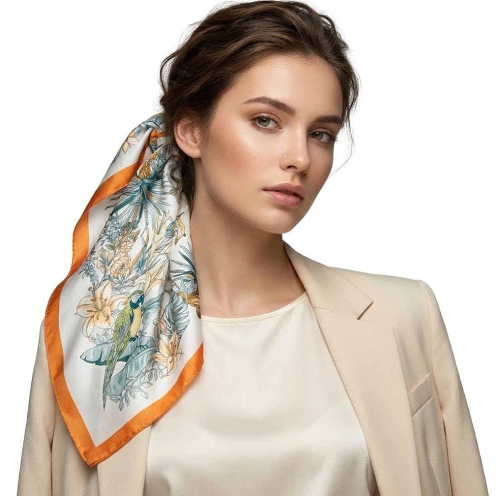 Foulard en soie aux motifs floraux et oiseaux, noué dans les cheveux d'une femme élégant