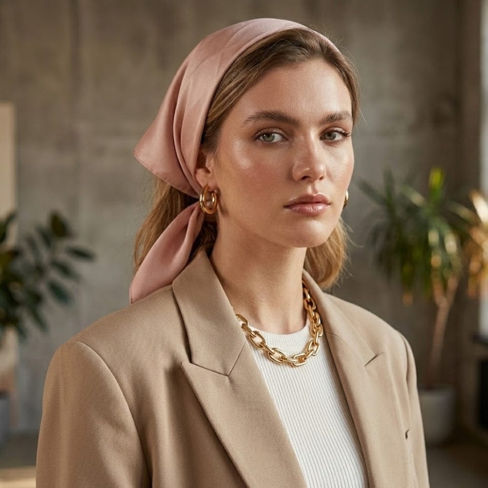 Foulard en soie rose poudré noué sur la tête d'une femme, portant un blazer beige dans un décor moderne