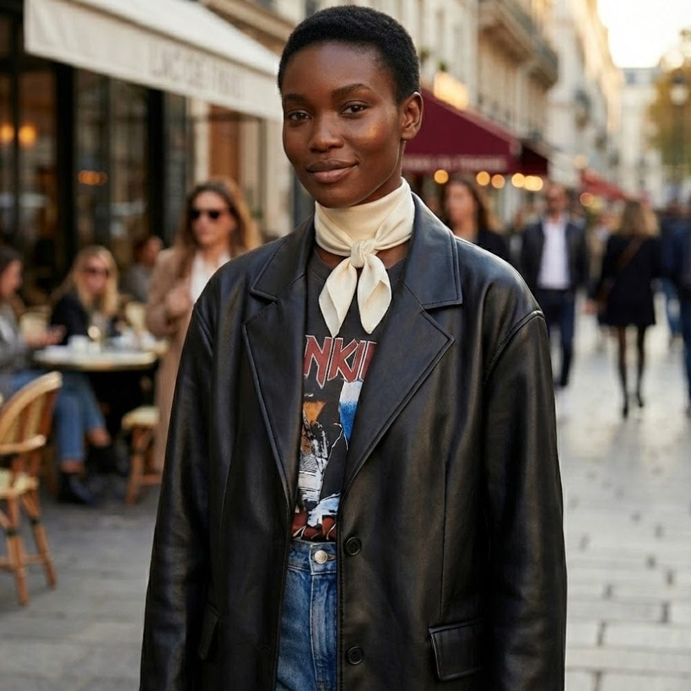 Foulard en soie noué, couleur crème, porté par une femme dans une rue animée, avec un manteau en cuir noir