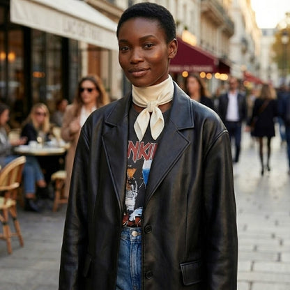 Foulard en soie noué, couleur crème, porté par une femme dans une rue animée, avec un manteau en cuir noir