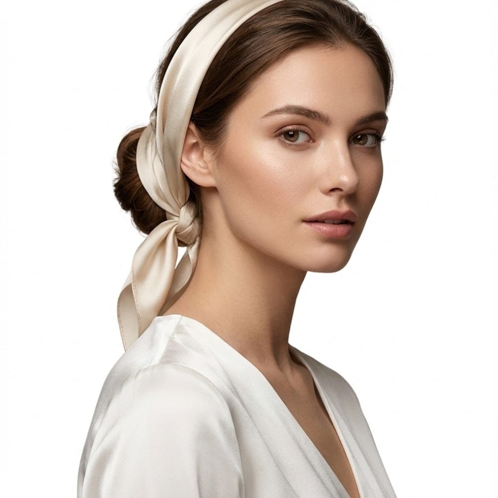 Foulard en soie beige noué sur la tête d'une femme, mettant en valeur un look élégant et intemporel