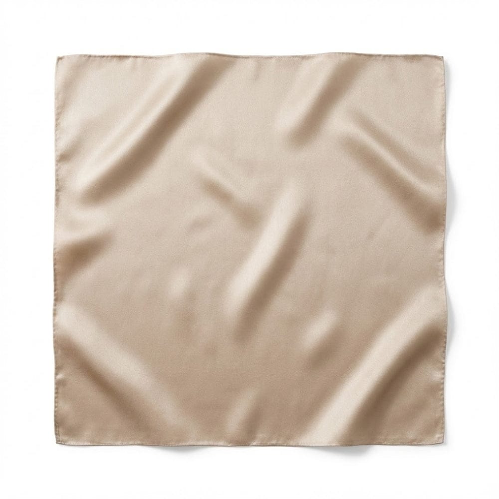 Foulard carré en soie de couleur beige, au toucher lisse et brillant, posé sur un fond blanc