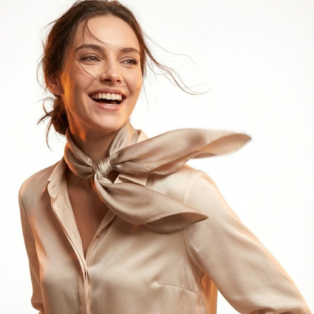 Foulard en soie beige noué autour du cou d'une femme souriante, portant une chemise satinée dans un décor lumineux
