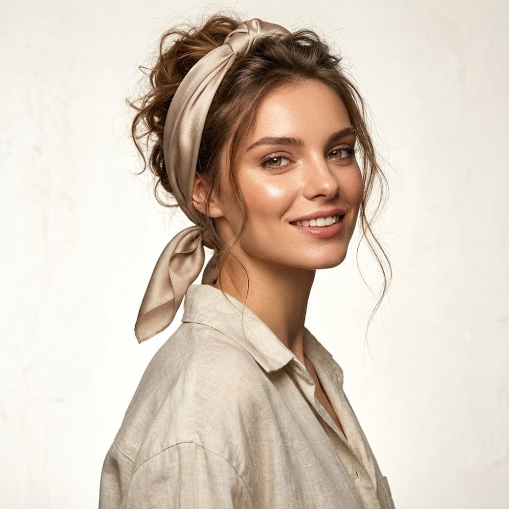 Foulard en soie beige noué sur la tête d'une femme souriante, portant une chemise claire dans un décor minimaliste