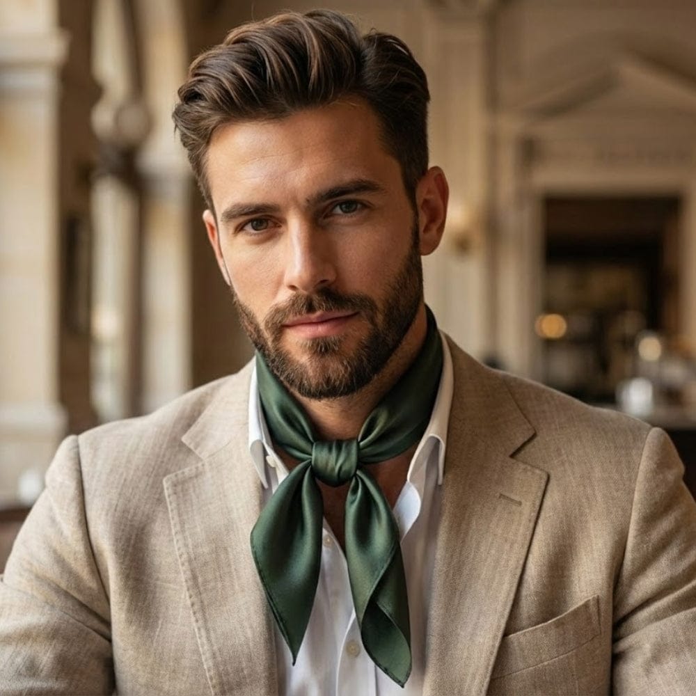 Foulard en soie vert noué autour du cou d'un homme, portant un costume beige dans un décor élégant