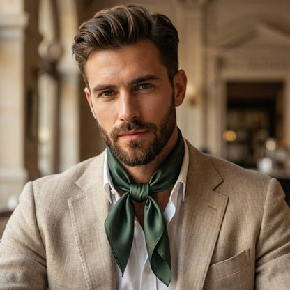 Foulard en soie vert noué autour du cou d'un homme, portant un costume beige dans un décor élégant