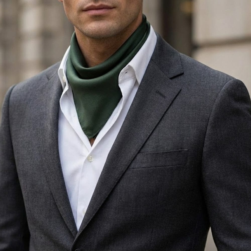 Foulard en soie vert noué autour du cou d'un homme en costume gris, apportant une touche d'élégance