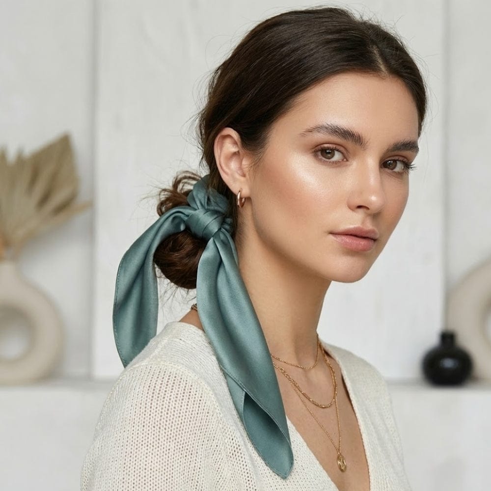 Foulard en soie vert d'eau noué dans les cheveux d'une femme, apportant une touche d'élégance intemporelle
