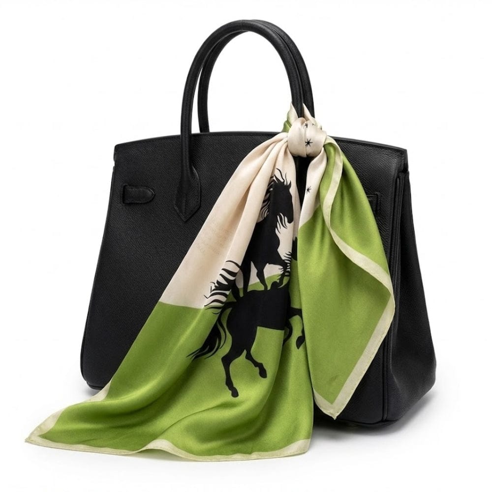 Foulard en soie vert | Teinte verte raffinée et motif équestre Vert / 53x53cm The Foulard