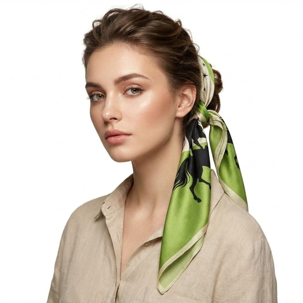 Foulard en soie vert | Teinte verte raffinée et motif équestre Vert / 53x53cm The Foulard