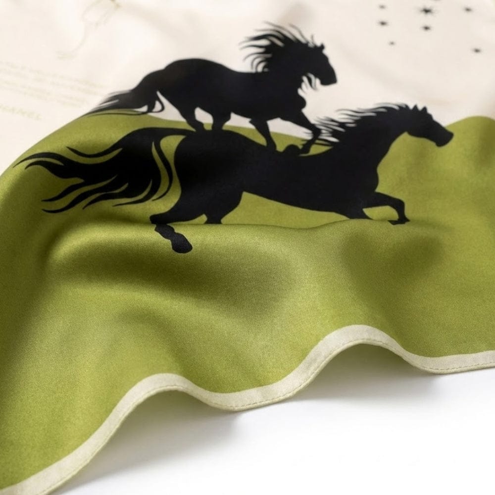 Foulard en soie vert | Teinte verte raffinée et motif équestre Vert / 53x53cm The Foulard